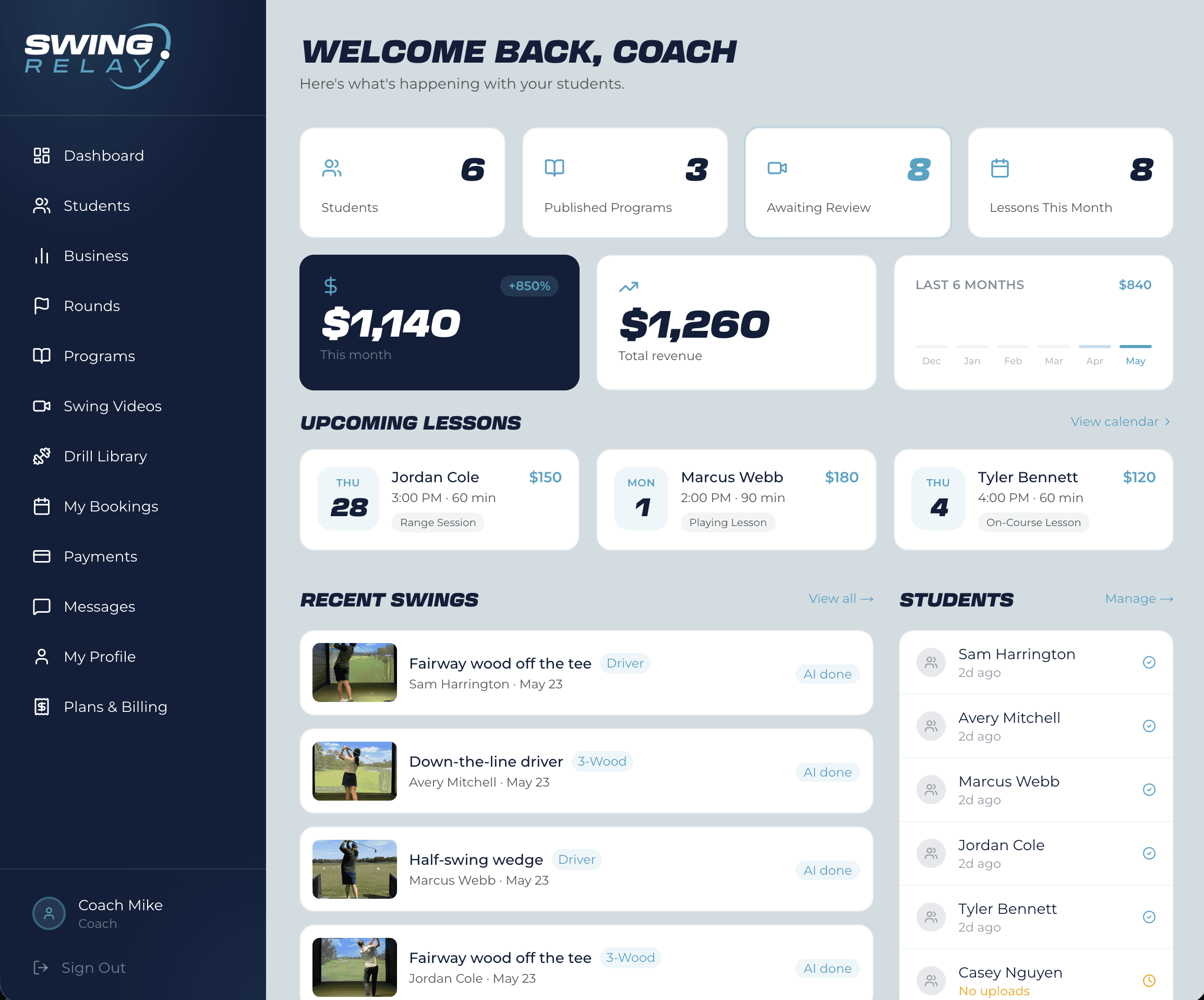 SwingRelay coach dashboard