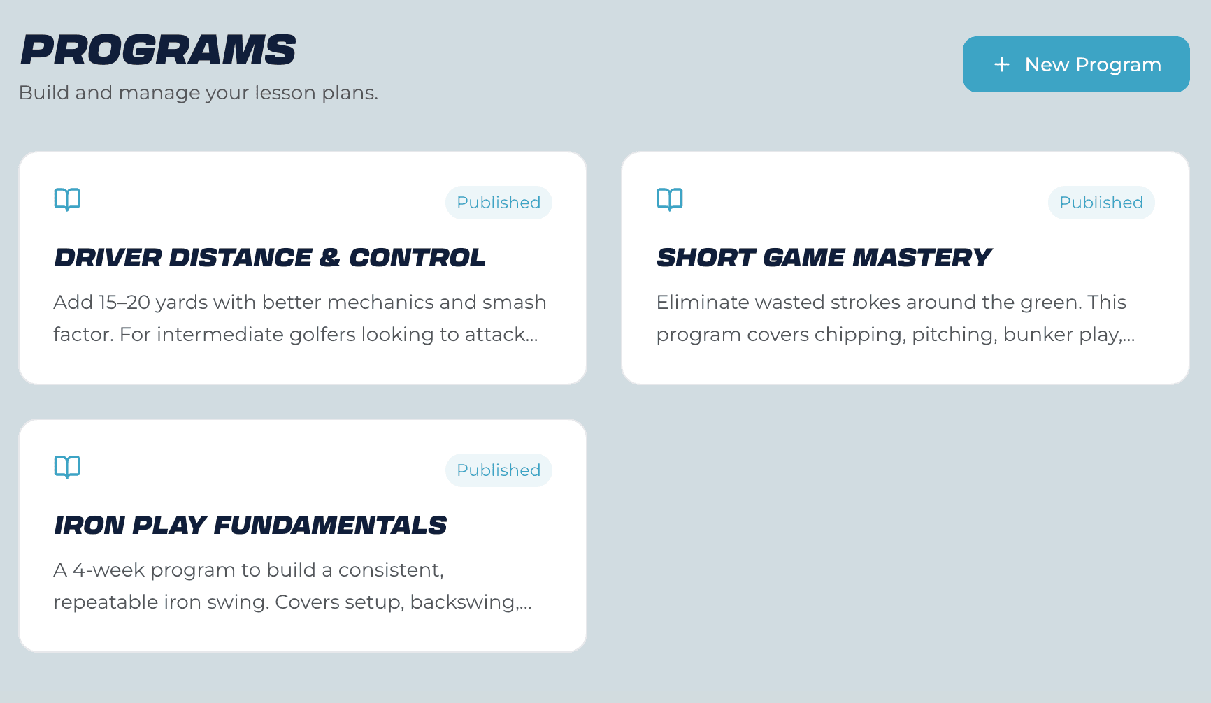 SwingRelay programs page showing Driver Distance & Control, Short Game Mastery, and Iron Play Fundamentals